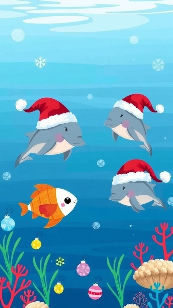 Cute ocean-themed Christmas wallpaper with dolphins and fish in festive attire.